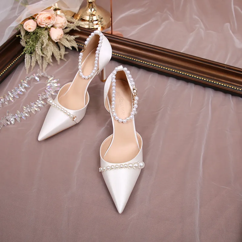 2024 New Hollow Pointed Thin Heel Pearl Buckle Sandals Beautiful High Heels Single Shoes for Women