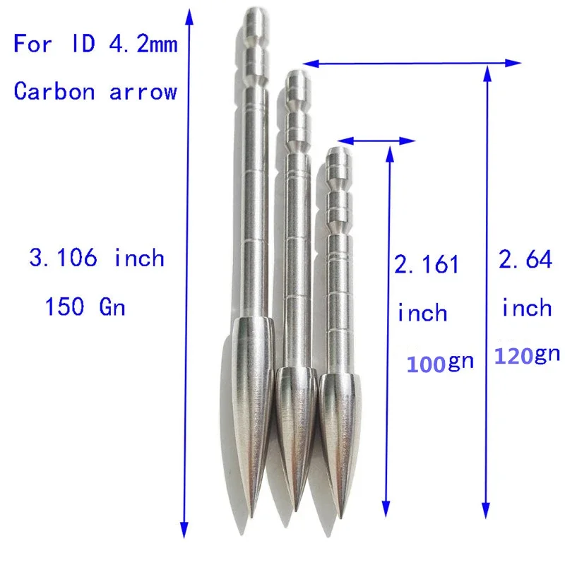 Archery Target Arrowhead Point Field Tips 80/100/120/150/200Grain Stainless Steel ID3.2/4.2mm for Carbon Arrow Shaft Shooting