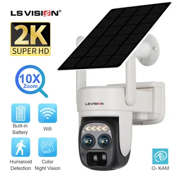 LS 비전 4MP 듀얼 렌즈 WIFI 태양 보안 카메라 무선 야외 2K PIR 인간 감지 배터리 CCTV, 10X 광학 줌