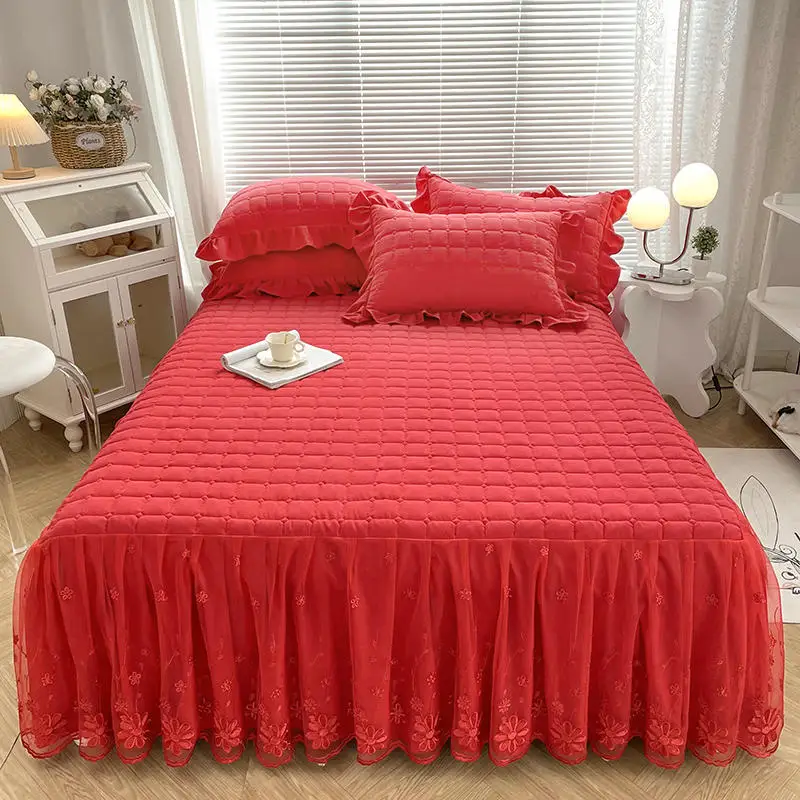 

Solid color Cotton quilted bed skirt lace health for adult 1pcs bedsheet