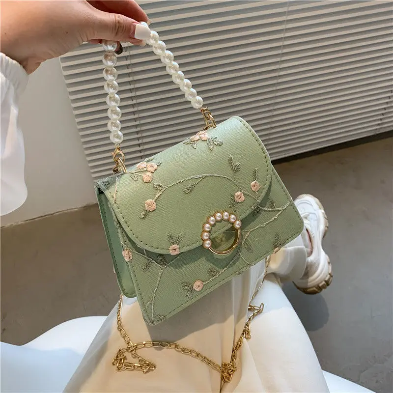 Women Sweet Lace Handbags Pu Leather Cross Body Bags for Women Small Fresh Flower Chain Pearl Shoulder Bags