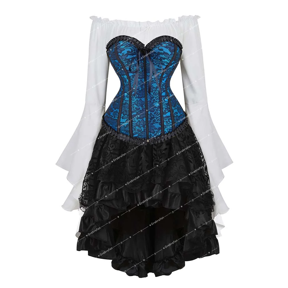 

Corset Bustier Dress 3 Piece Outfits for Women Steampunk Corsets Bustiers Korsett Skirt with Blouse Set Vintage Waist Trainer