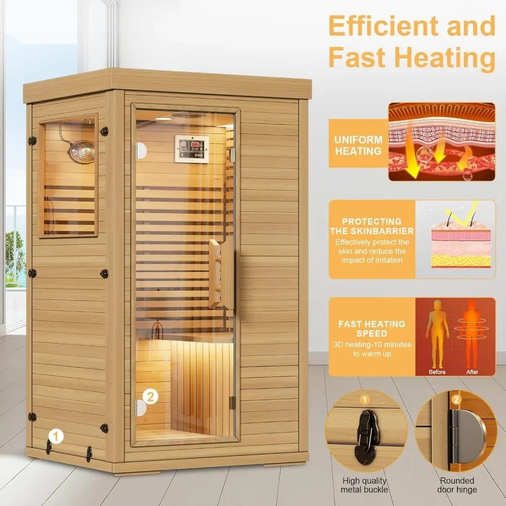 Far Infrared Home Sauna Room for 1 Person, Spa Saunas with Digital Controller, 2 Bluetooth Player, LED Reading Lamp, Saunas 4