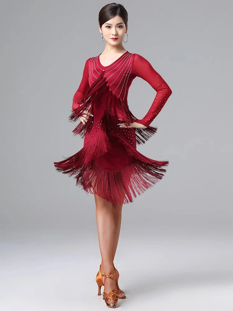 One-Piece Latin Dance Competition Dresses Women Salsa Samba Sling Dress Finger Gloves Rhinestones One-Piece Latin Dance Competition Dresses Women Salsa Samba Sling Dress Finger Gloves Rhinestones