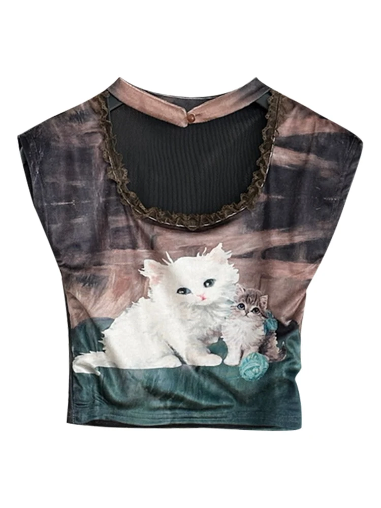 

Женский винтажный топ с вырезами и графическим принтом, короткий топ Gyaru в французском стиле, пикантная майка, лето 2000