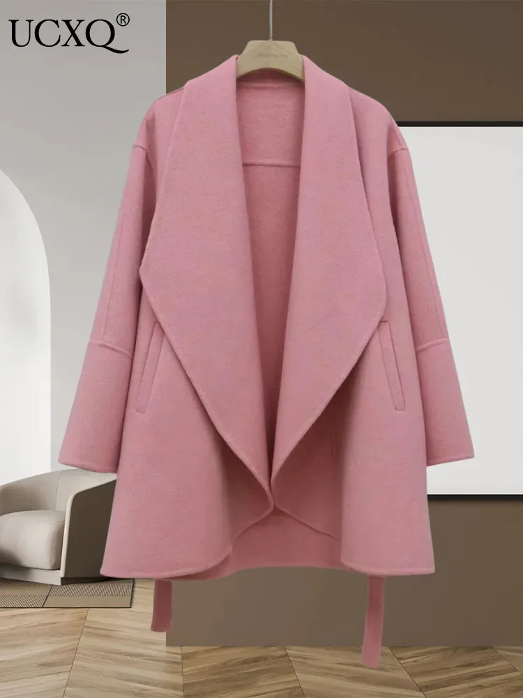 

UCXQ-Double-sided Woolen Coat with Lapel for Women, Korean Style Casual Lace-up Outerwear Good Quality23A6362 2024 Autumn Winter