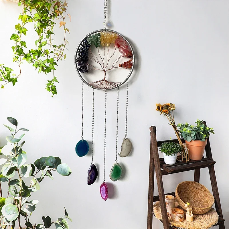 7 Chakra Gemstone Tree of Life Dream catchers Color Agate Wall Hangings Room Window Garden Wind Chimes Dream Catchers Home Decor
