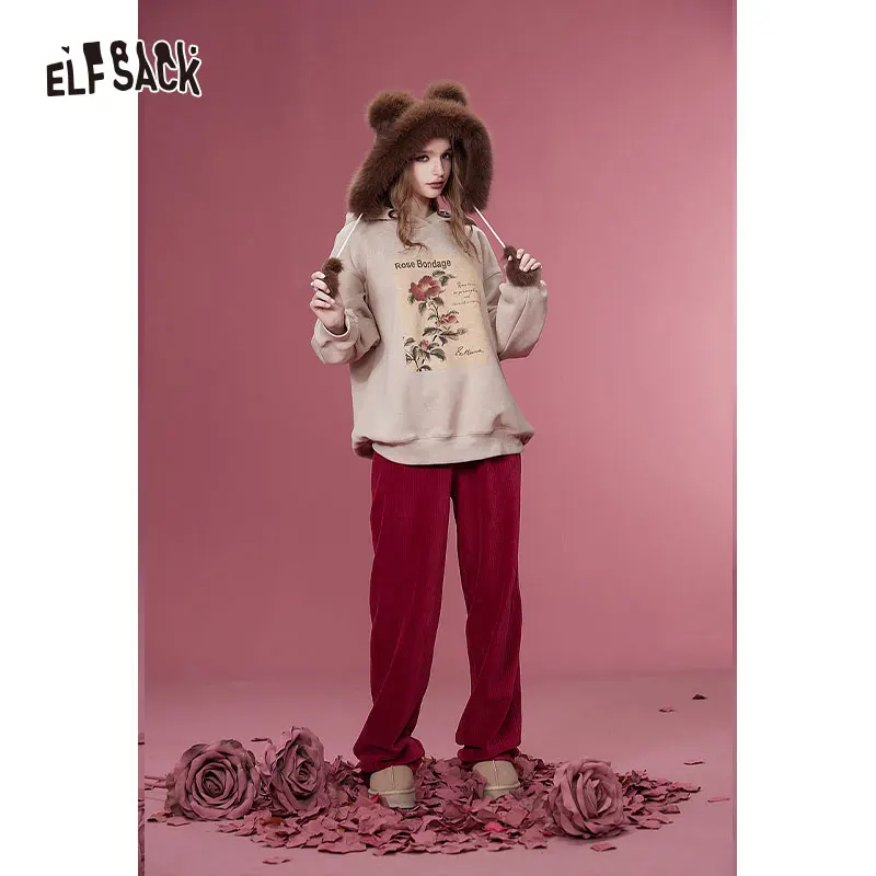 ELFSACK Korean Fashion Corduroy Pants Women 2023 Winter New Sports Trousers