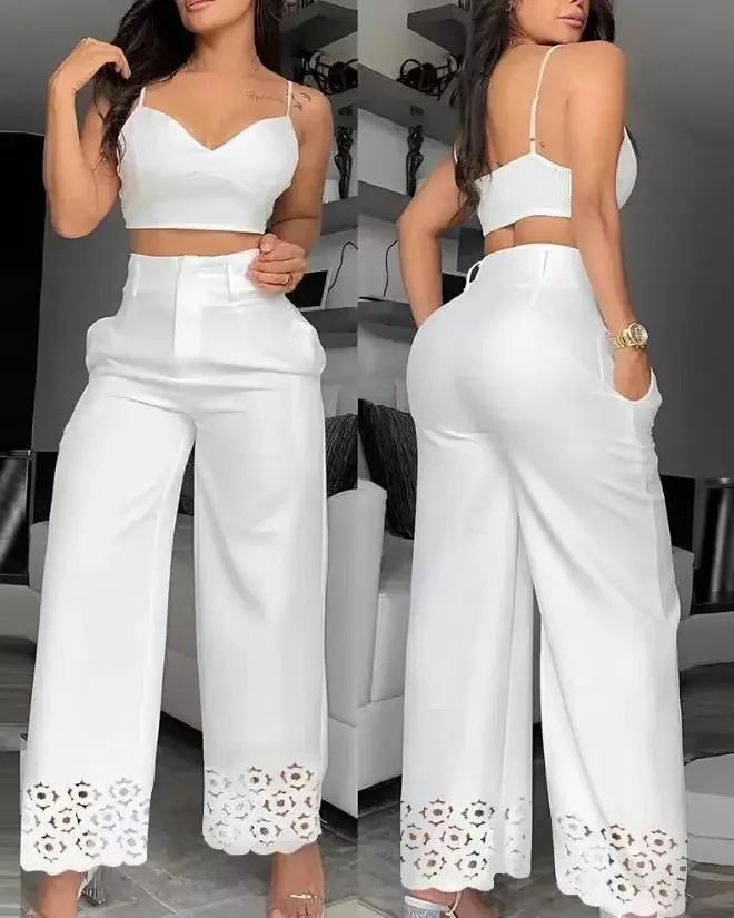 2 Piece Sets Womens Outifits 2024 Casual V-Neck Cami Crop Tops & White Fashion Hollow Out Wide Leg High Waist Pants Suits Female womens suits