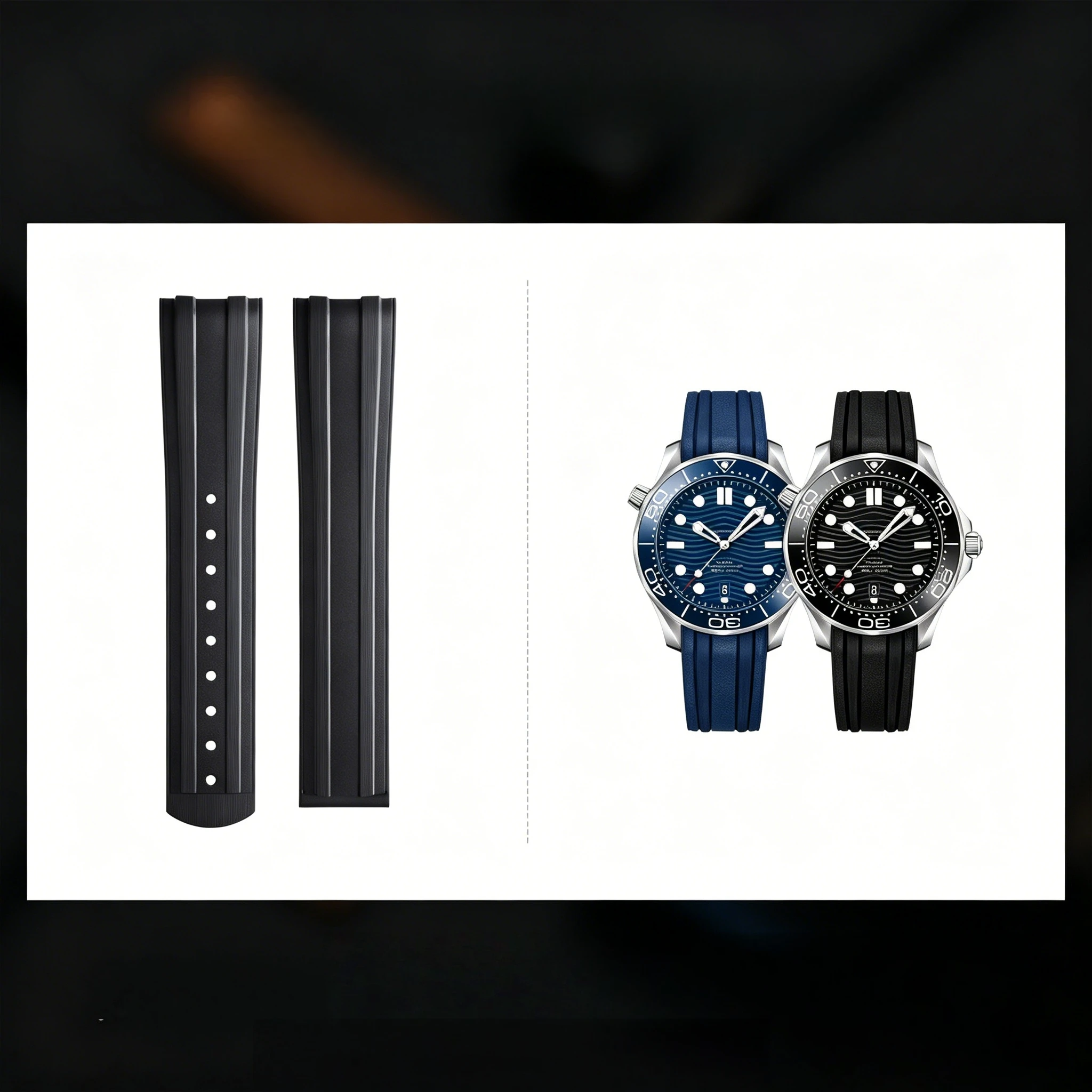 Omega Seamaster High-Quality Curved End 20mm FKM Rubber Watch Band with Original Extended Buckle