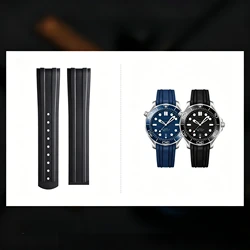 Omega Seamaster High - Quality Curved End 20mm FKM Rubber Watch Band with Original Extended Buckle - Silver Buckle (Black)