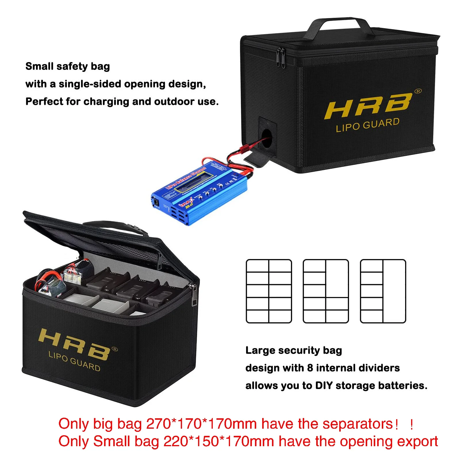 Sac de protection Lipo HRB ignifuge et étanche pour batteries RC