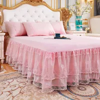 Pink Bed Skirt Non-slip Mattress Cover 3 Layers Bed Skirt Cover Princess Lace Ruffled Bed Skirt Bedsheet Kids Girls Bedspread 1
