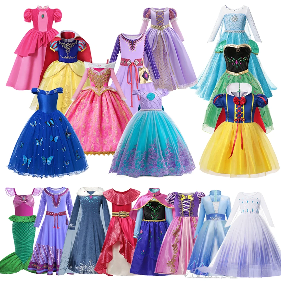 Disney Girls Princess Dress 2024 Frozen Elsa Anna Kids Wish Asha Halloween Moana Costume Bambini Birthday Party Dress