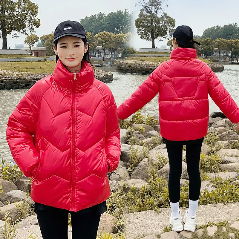 2023 New Women Winter Down Cotton Coat Glossy Stand Collar Overcoat  All-Matching Down-cotton Jacket Shiny Short Outwear Parka