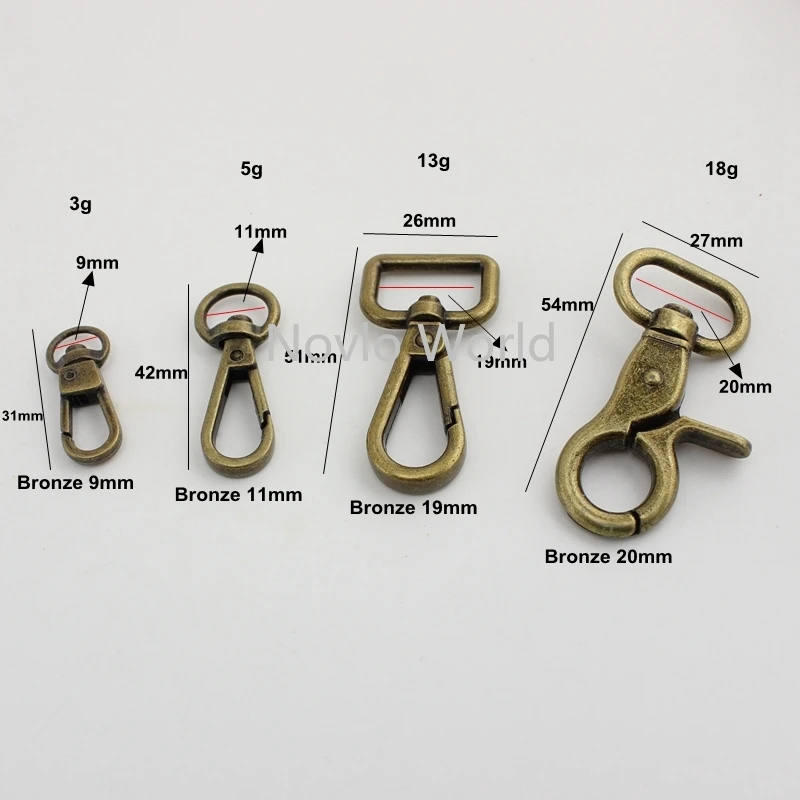 10-50-100pcs 9mm 11mm 19mm 20mm Bronze trigger snap hook handbag purse  adjusted swivel clasp hooks hardware accessory strap hook