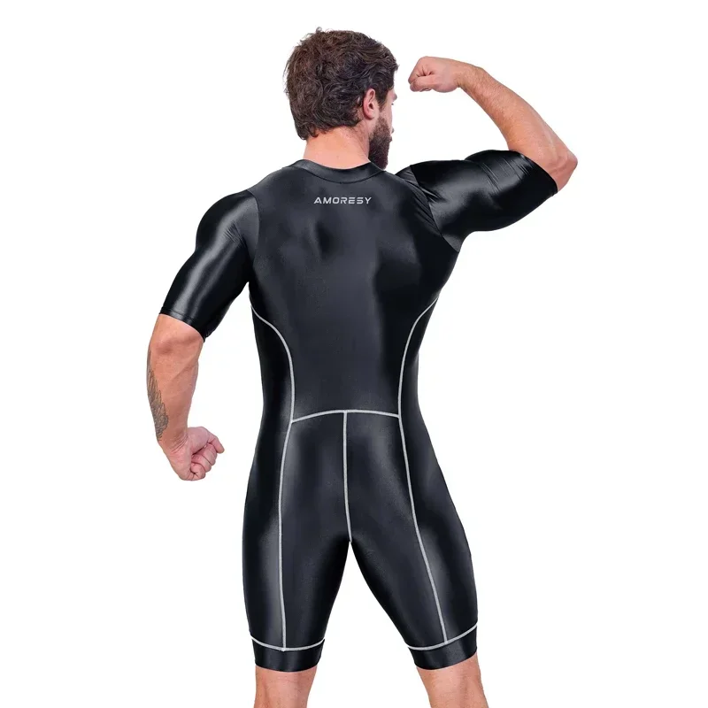 Sports Jumpsuit Pants AMORESY Gladius Series Front Zipper Short-sleeved Spandex Sports Knee Length Romper Unitard Jumpsuit Fitness Swimwear Swimsuit