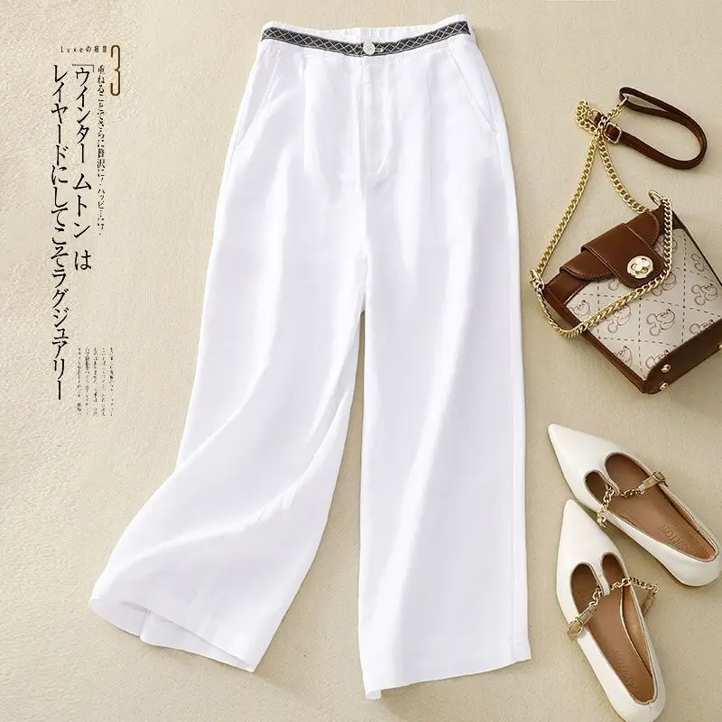 

2024 Elegant Fashion Harajuku Slim Fit Women's Clothing Loose Casual All Match Sports Pants Solid Cotton Linen Wide Leg Pants
