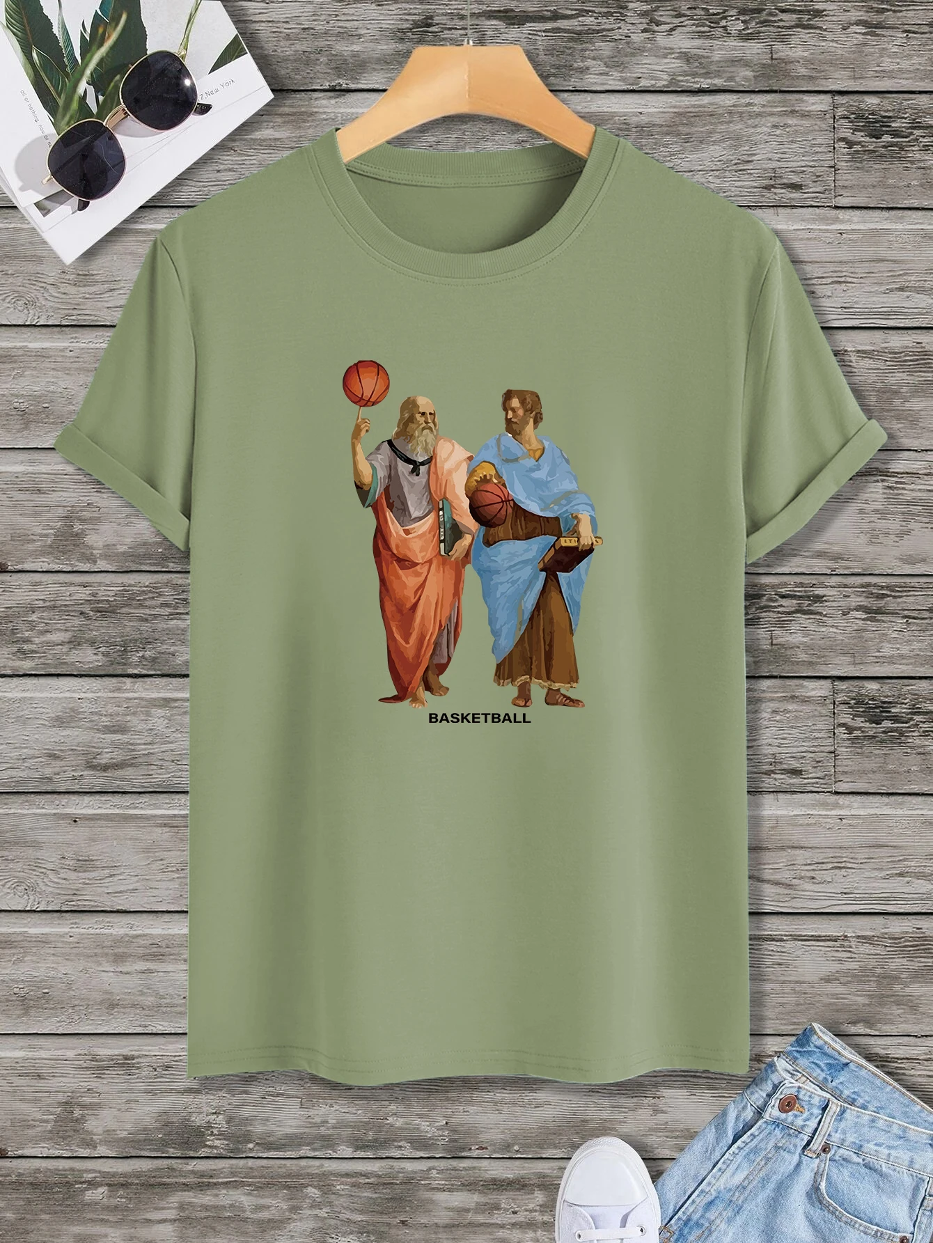 Tricou cu imprimeu amuzant cu bătrân jucând baschet, topuri cu mânecă scurtă și guler rotund, tricou grafic, haine de vară, ținută bărbătească_voghion.com