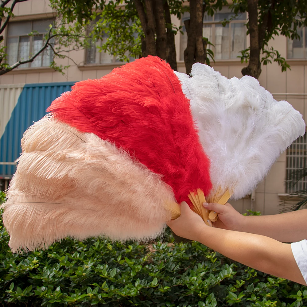 Natural Colorful Ostrich Feather Fan Big Hand Held Folding Plume Fan  Performance Dance Fans Party Stage Carnival Show Prop Decor