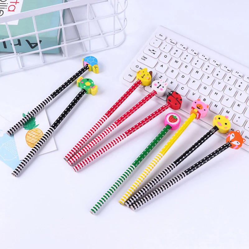 

10pcs/lot 2 in 1 Cute Cartoon Animals Pencil With Eraser Pencil Children Study Pencil Students Kids Wooden Pencil