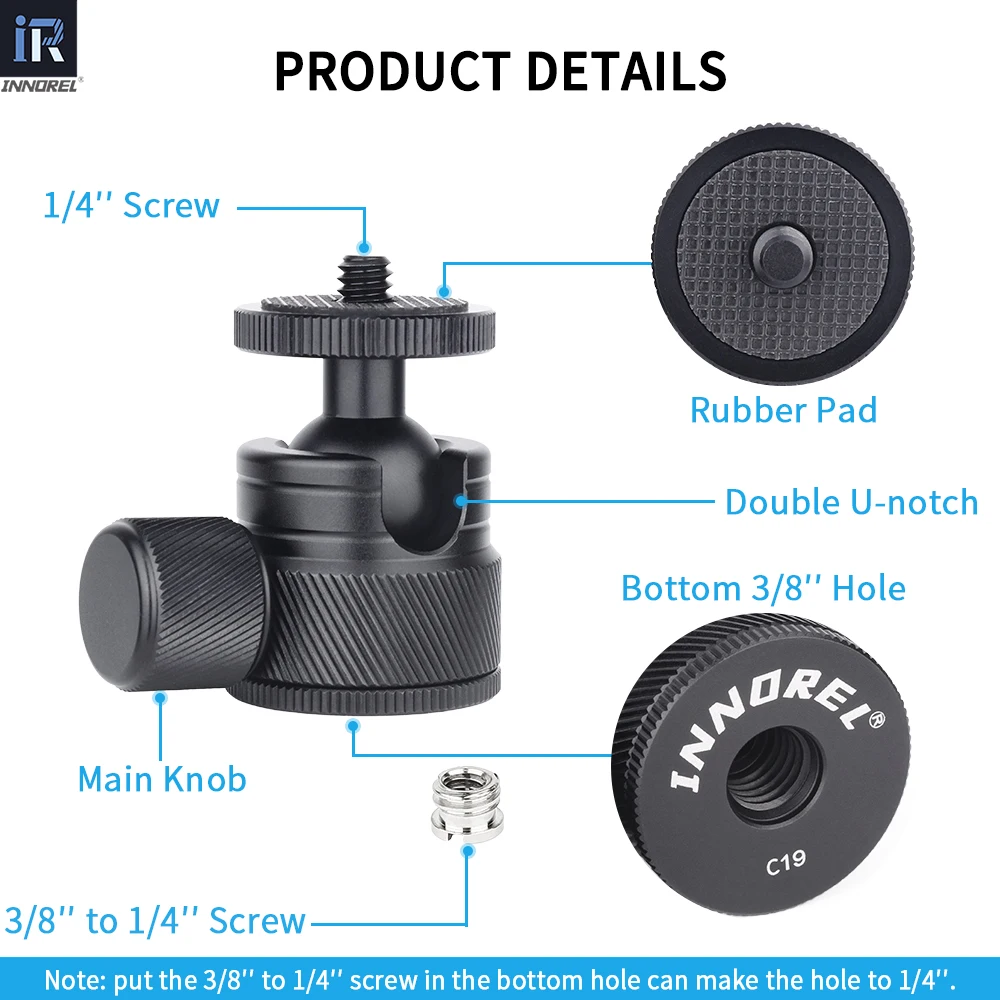Mini Ball Head INNOREL C19 Mount Tripod Head CNC Metal Low Profile Ballhead 360&deg; Pan 90&deg; Tilt for Phone/DLSR Camera/Mini Holder