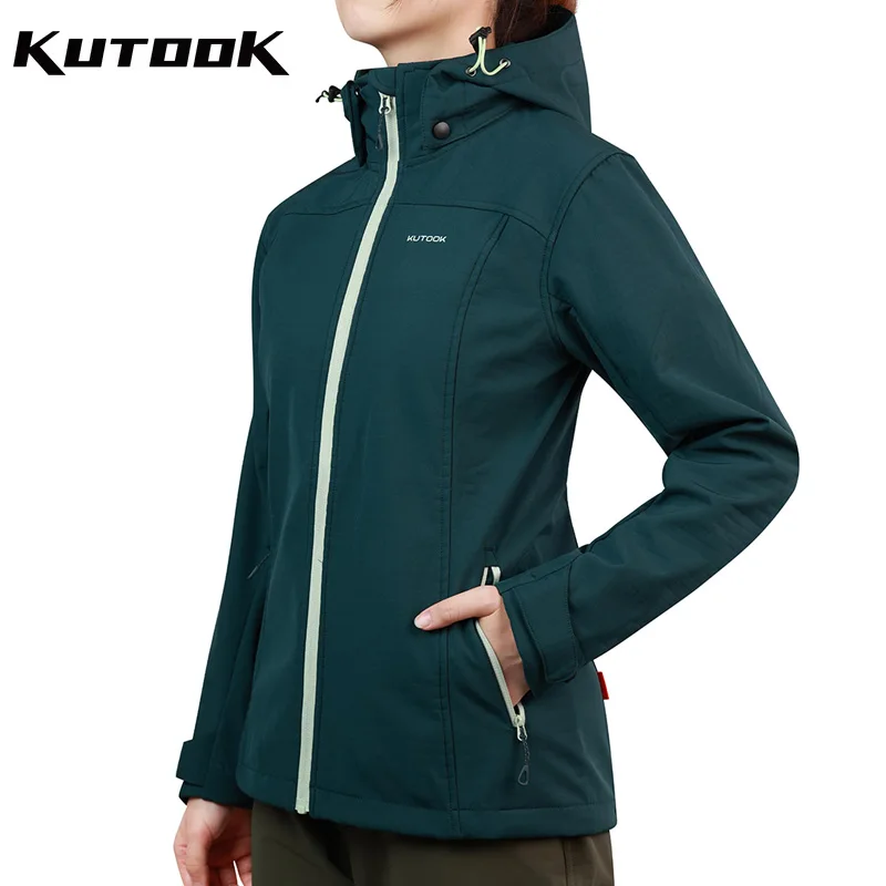 KUTOOK Women's Hiking Softshell Jackets Lightweight Fleece Sportswear Clothing Removable Hood with Pockets for Climbing Travel