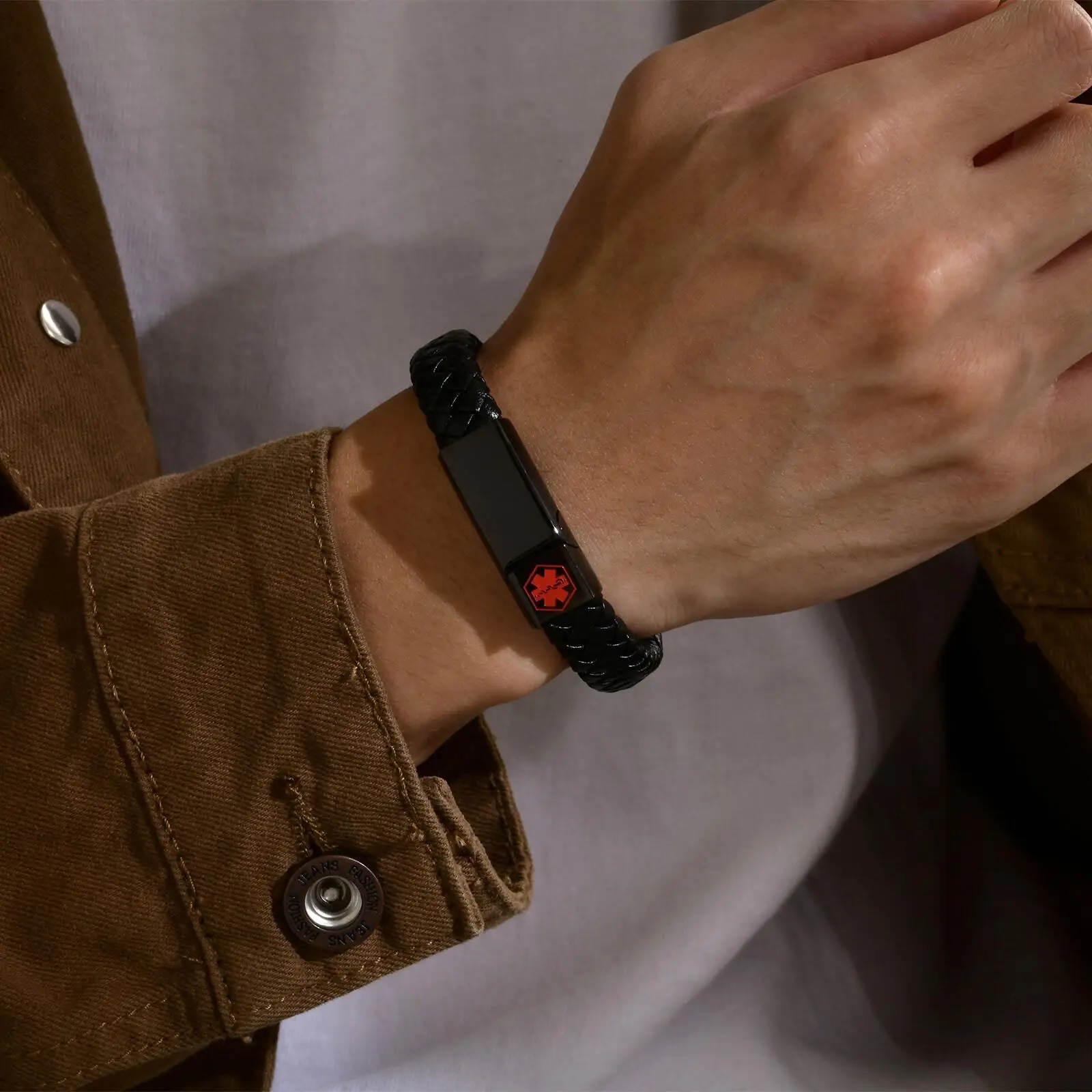 Red Medical Men's Bracelet,Black Genuine Leather ID Bracelet,Type 1/2 Diabetes Alzheimer Epilepsy Customize Bracelet