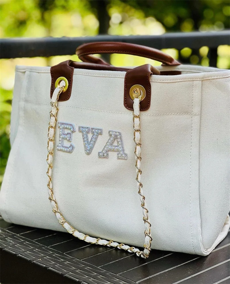 Custom Luxury Canvas Chain Tote Bag, Monogram Tote Bag, Canvas Chain Beach Shopping Tote Bag, Personalized Weekend Hand Bag