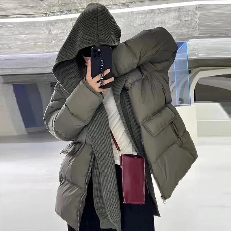

Winter Female Knitted Hooded Detachable Zipper Coat Casual Lady Thick Warm Puffer Outwear Women White Duck Down Coat