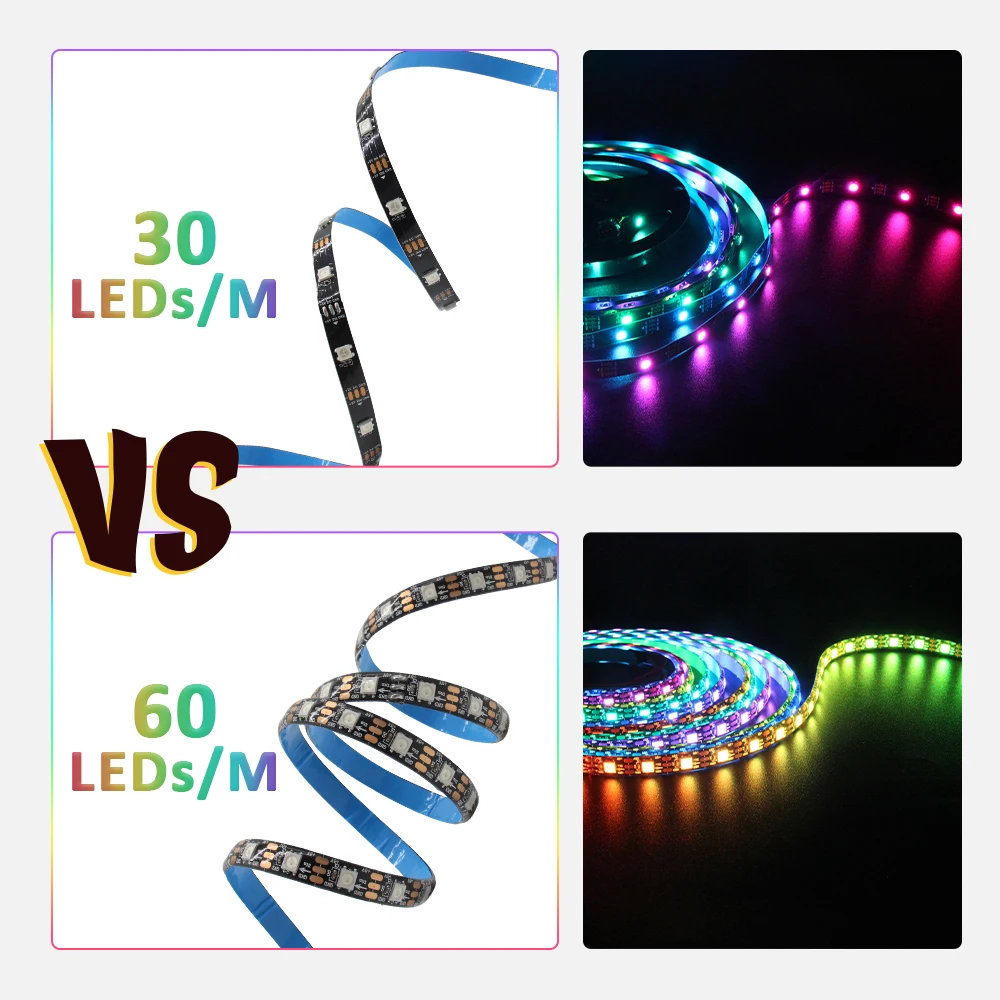 WS2812B RGBIC LED 스트립 빛 5V DC 5050 300LED SMD 디지털 LED 테이프 리본 램프 블랙 PCB 방수 주소 지정 가능 RGB IC 스트라이프