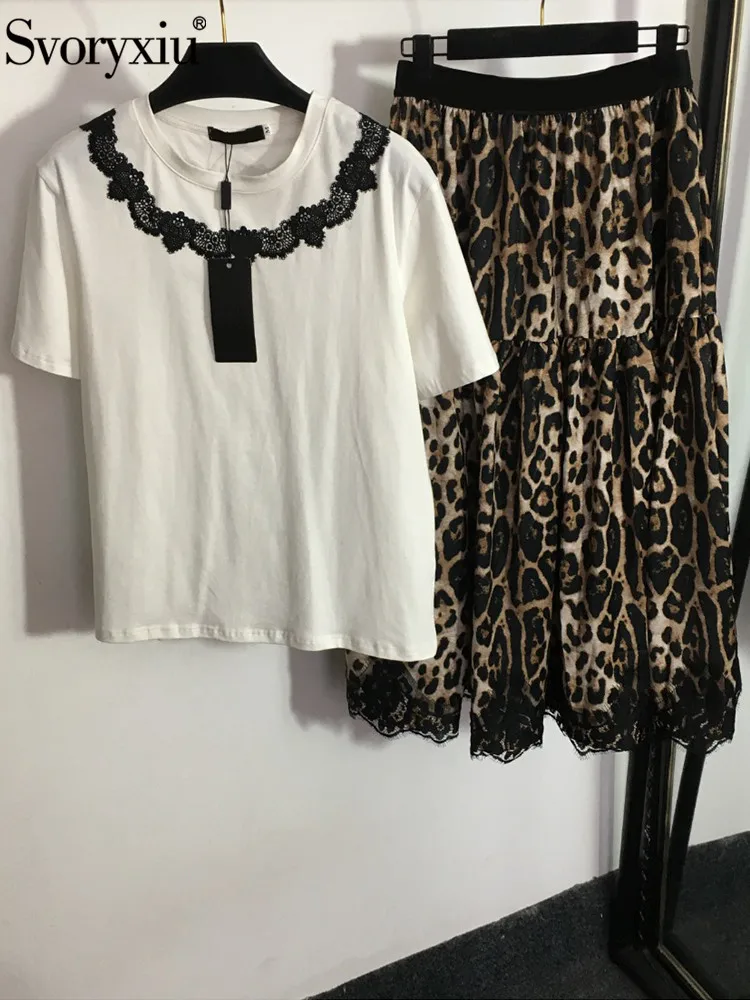 

Svoryxiu Summer Fashion Half Skirt Suit Women's O-Neck Lace Loose T-Shirts Tops + Elastic Waist Slim Leopard Printing Midi Skirt