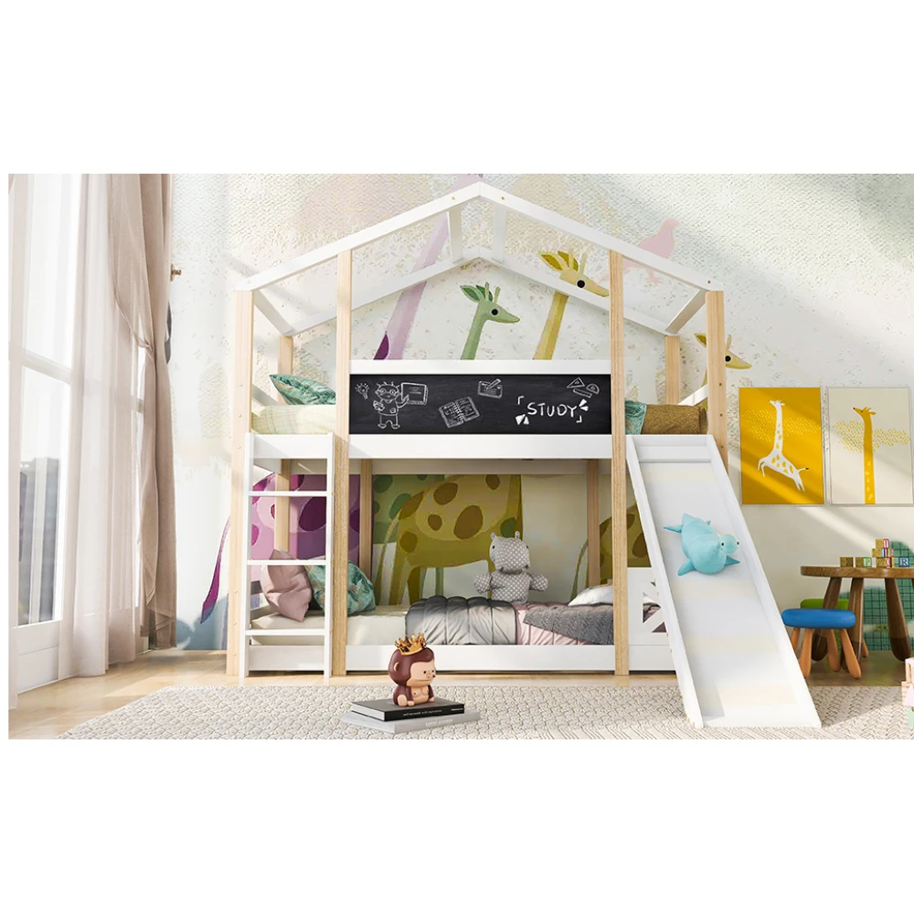 90 x 200 cm modernes Etagenbett, Kinderbett, Baumhaus mit Rutsche und Leiter, Hochbett für Kinder mit Schieferrost, für Schlafzimmer – Detail 25