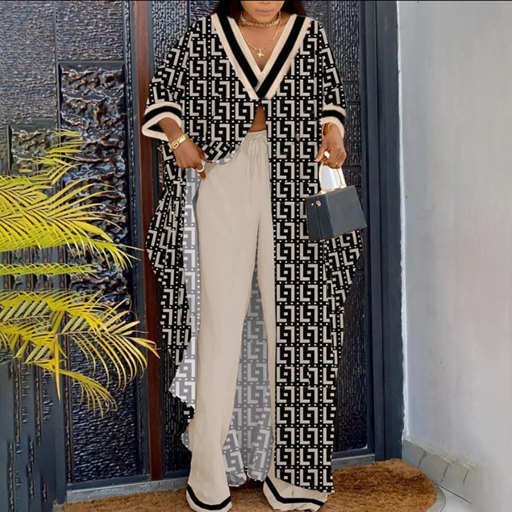 

Women Fashion Printing Two Piece Set Spring Single-button Long Split Top Wide Leg Pants Female Casual V-neck Loose 2 Piece Suit