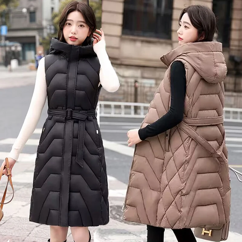 

Vest Long Belt Coat Winter Woman Puffer Vest New 2024 Korean Fashion Hooded Outwear Puffer Vest Female Sleeveless Jacket