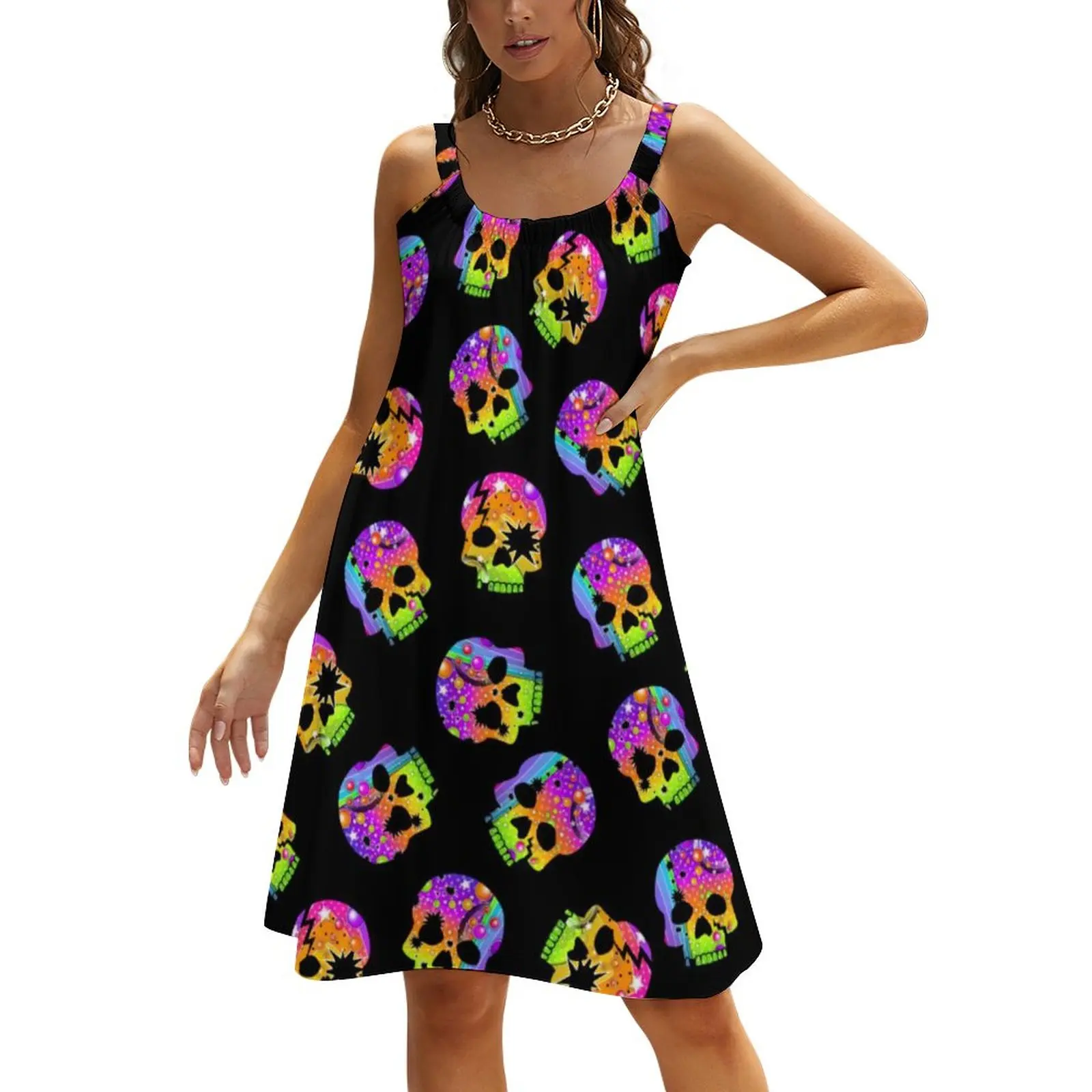 Sugar Skull Ombre Dress Halloween Skulls Art Elegant Dresses Female Strap Basic A Line Sundress Spring Print Oversized Clothing |