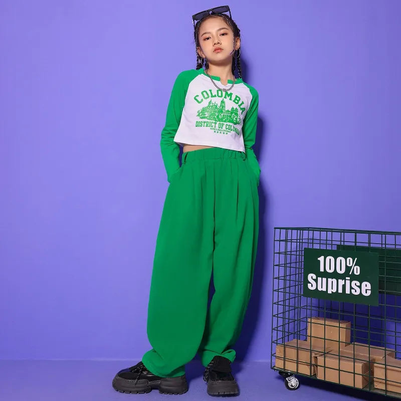 

Kid Kpop Hip Hop Clothing Green Crop Top Long Sleeve T Shirt Casual Pants Girl Dance Costume Teenager Streetwear 6 8 10 12 14 Y