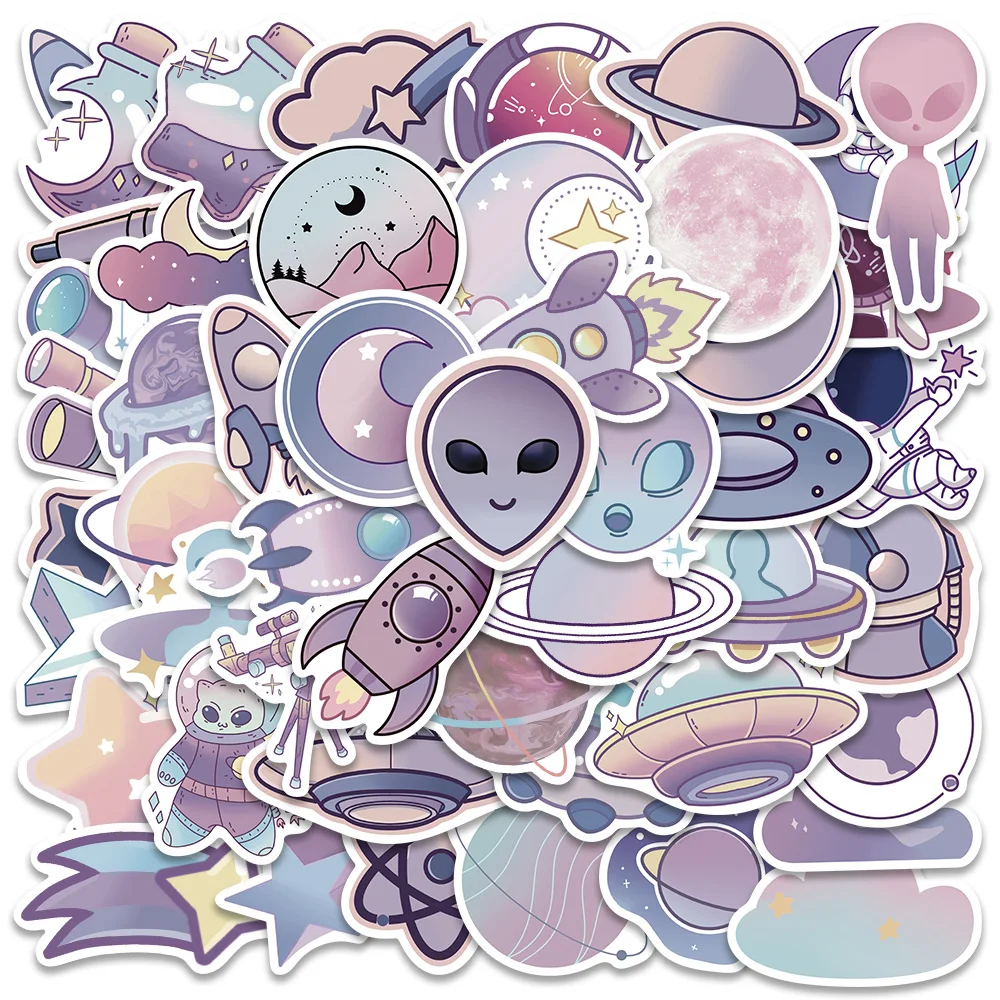 50pcs Cute Cartoon Purple Planets Aliens Stickers For Luggage Guitar Phone Waterproof Graffiti Laptop Decals 10 30 50pcs cartoon outer space aliens stickers funny ufo graffiti sticker laptop skateboard luggage bike et kids decals toys