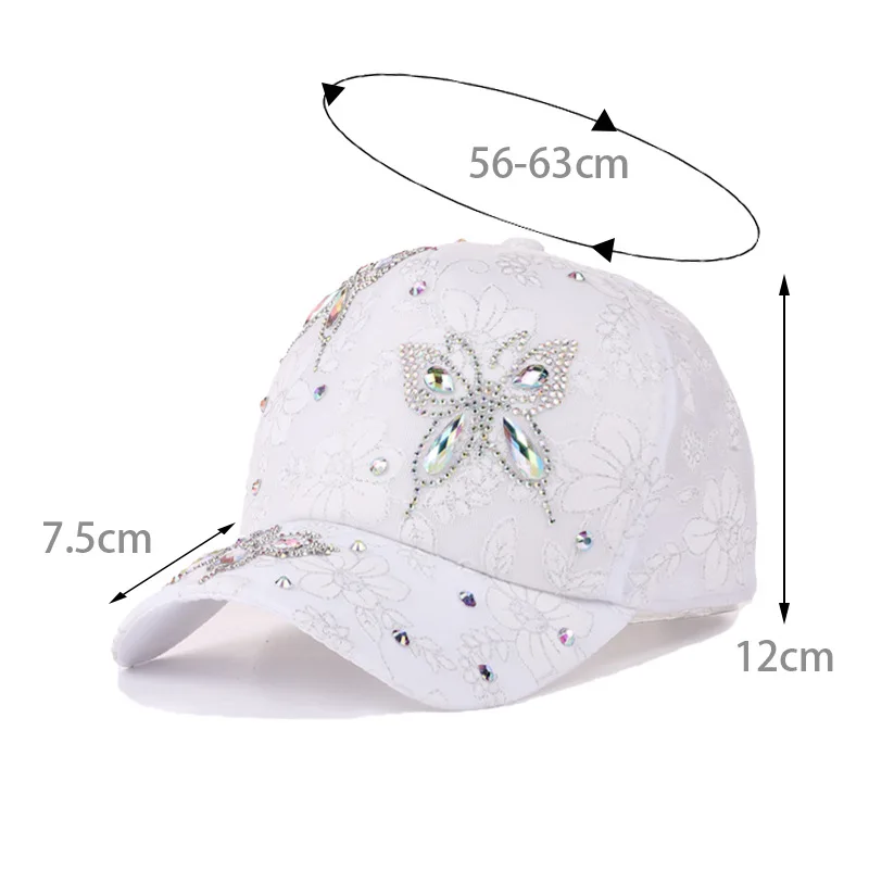 Frauen Baseball Kappe Blume Schmetterling Strass Spitze Atmungsaktive Sonnenschirm Gebogene Krempe Mode Kappe Street Dance Party Casual Neue – Detail 2
