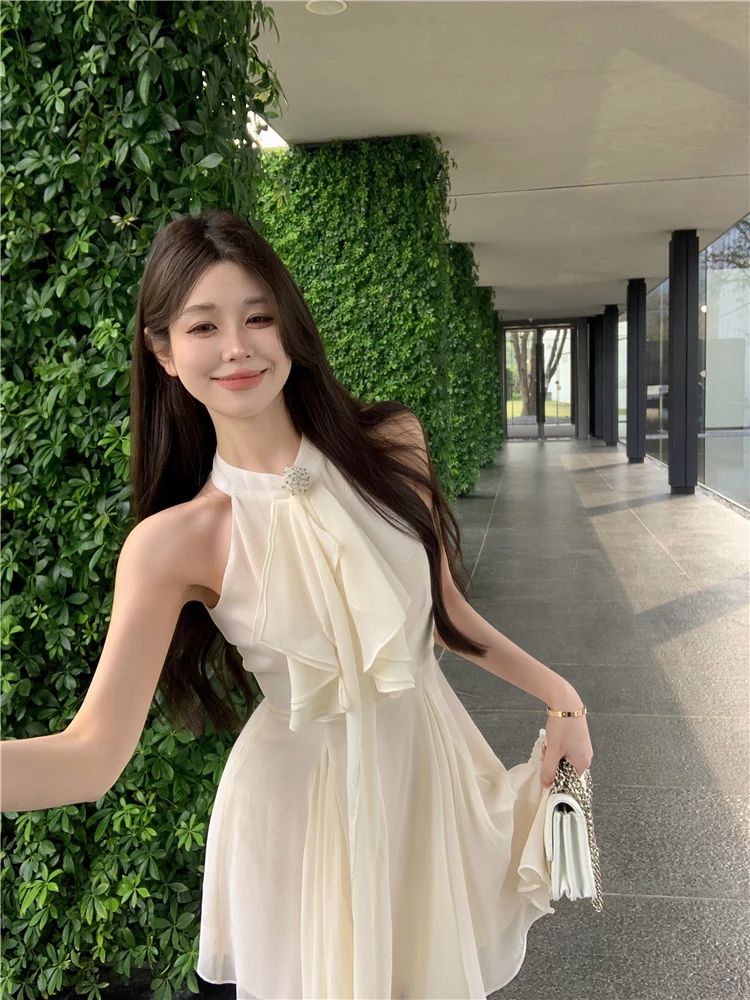 Elegant Halter Ruffles Short Dresses for Women Diamond Sleeveless A-line Sexy Evening Party Dress Prom Korean Chic Vestido Mujer