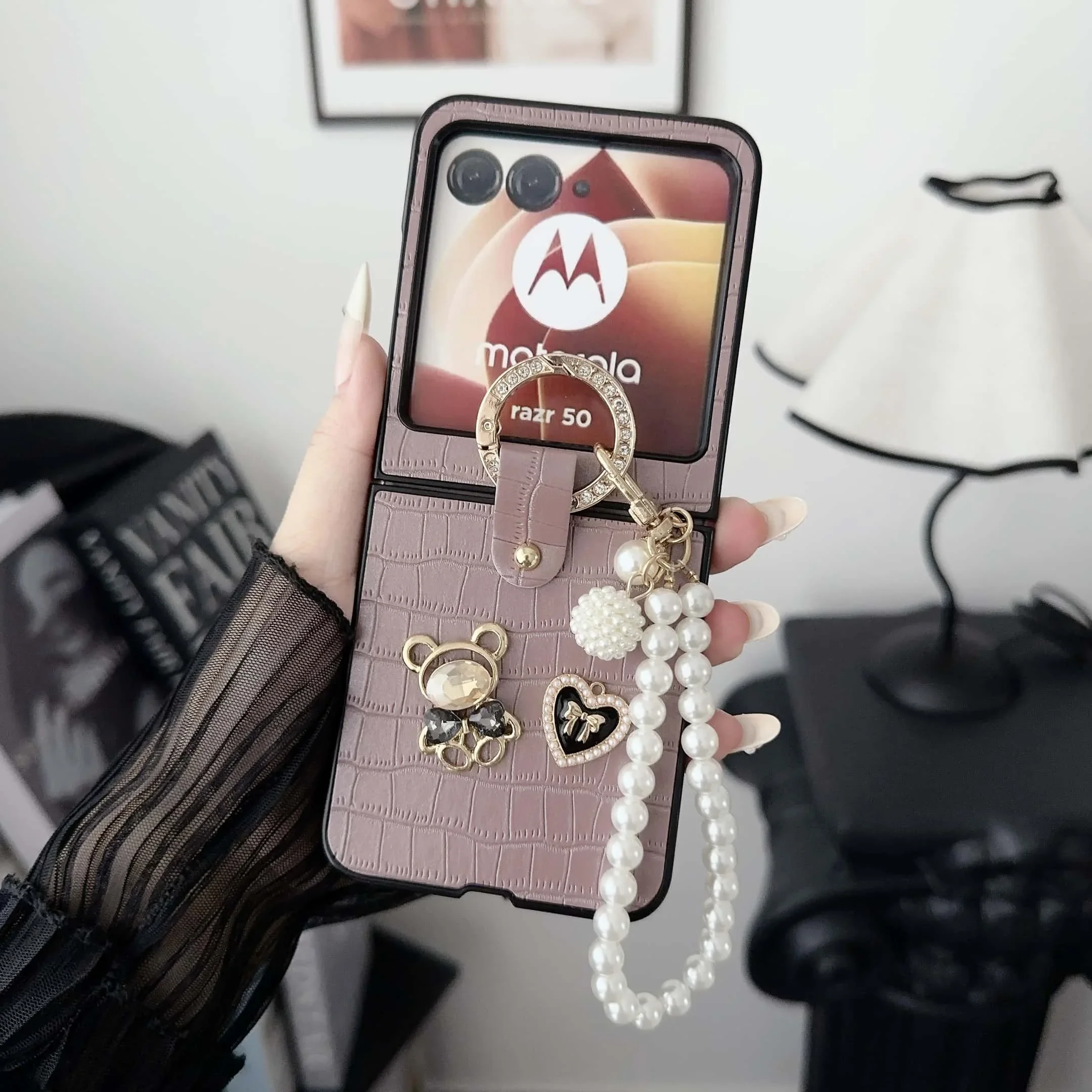 Little Bear PU Leather Phone Case with Wrist Strap - Elegant Protective Cover