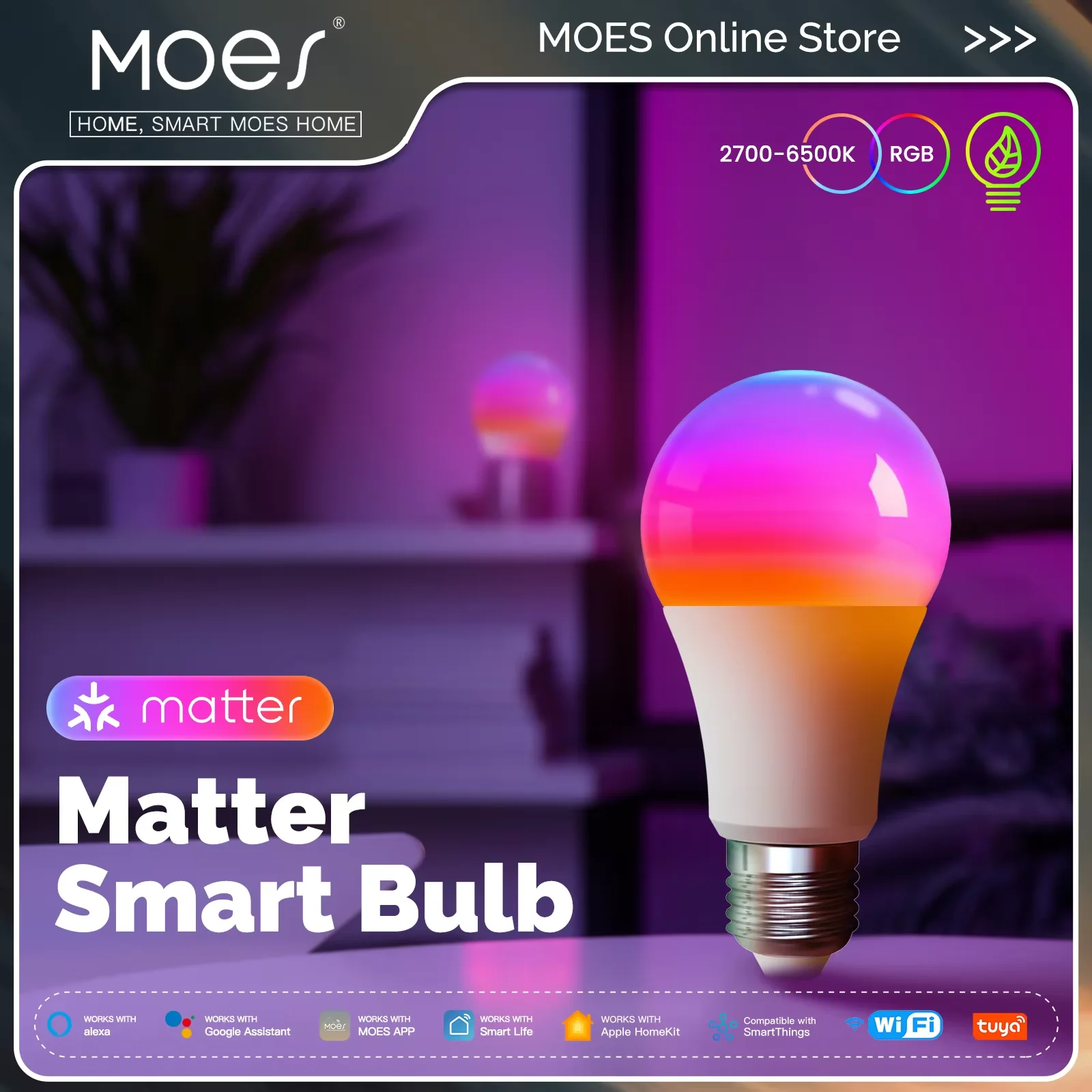 MOES Tuya Matter WiFi スマート電球調光可能な LED ライト 1600 万