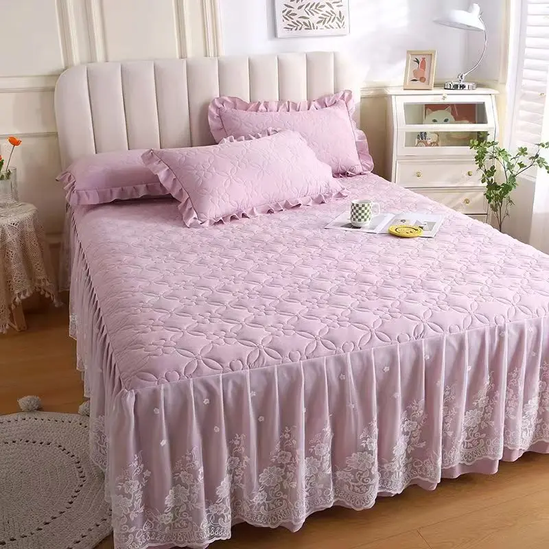Lace Quilted Bed Skirt Washed Cotton Solid CottonPadded Bedspread