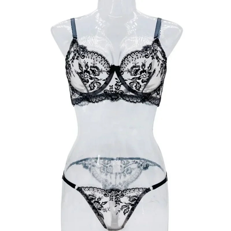 Sexy Embroidery Printing Bra Set Women Mesh Patchwork Lace Adjustable Shoulder Straps Sexy Perspective Underwear Suit