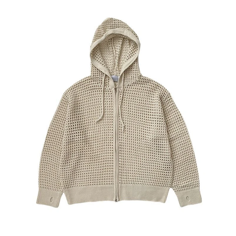 Autumn Niche Hollow Knitted Sweater Men Cardigan Hooded Zipper Long-sleeved Korean Style Trendy Design Sweater Men Cardigan Coat