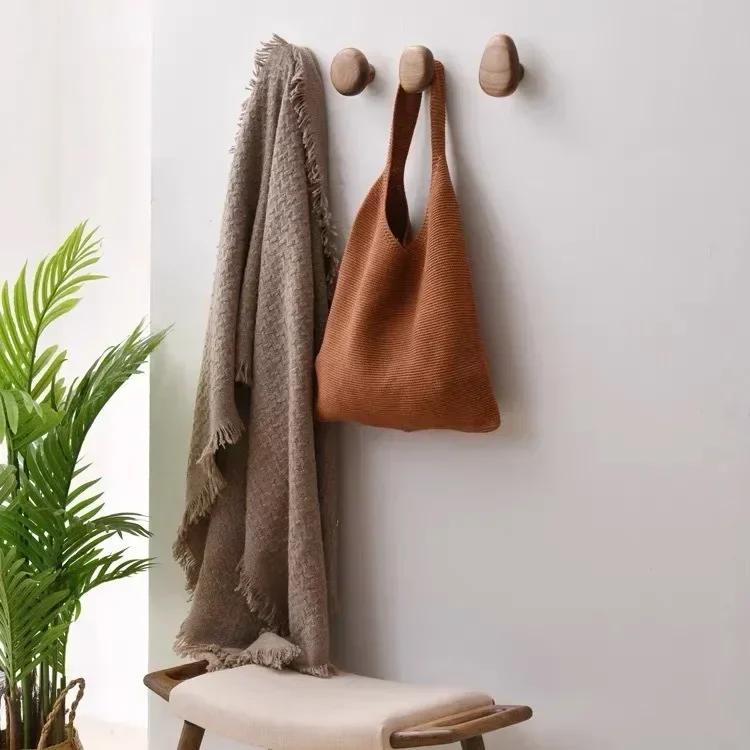 Solid Wood Handle Clothes Hook Coat Hook Wall-mounted Punch-free Door Clothes Hanger Pebble Shape Cabinet Door Kitchen Organizer 2