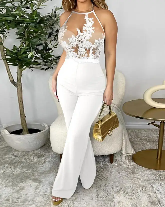 Women's Sexy Summer Casual Elegant Jumpsuit 2024 New Guipure Lace Spaghetti Strap Sheer Mesh Jumpsuit