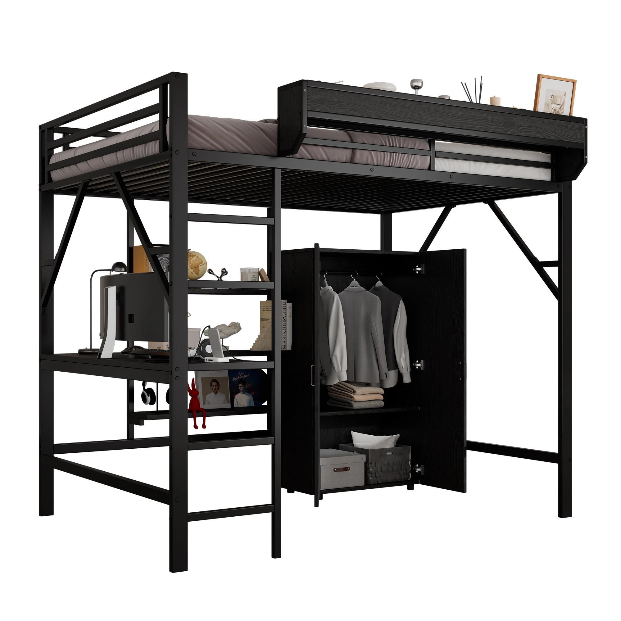 Eisenbett, Hochbett, Doppelstockbett mit Stauraum unter dem Schreibtisch, Oberbett mit Stauraum, mit Kleiderschrank, 140x200cm – Detail 17