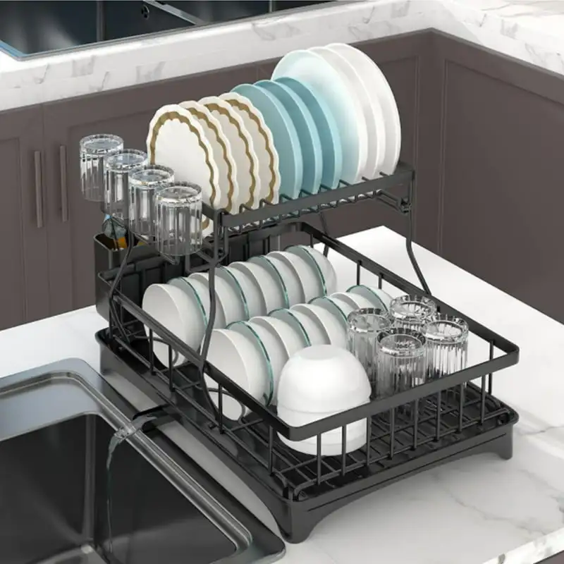 2 Tier Large Dish Drying Rack Drainboard Set for Kitchen Counter, Stainless  Steel Dish Drainer Rack with Drainer Board with Ute - AliExpress