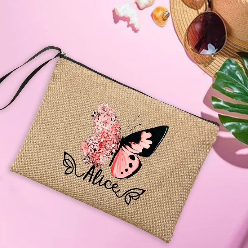 Bolsa de maquillaje con nombre personalizado para mujer, bolso de mano de lino de viaje con mariposa, protector solar para gafas de sol de playa, bolsas de almacenamiento, regalos